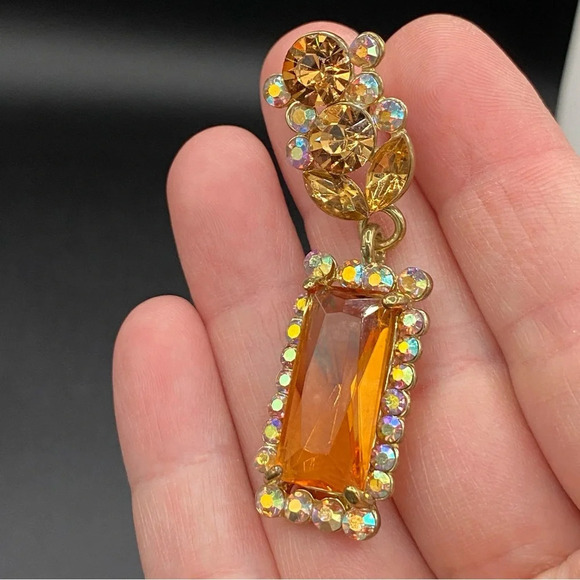 Glamorous Topaz and Aurora Borealis Glass and Rhinestone Drop Earrings Pierced - Picture 8 of 13